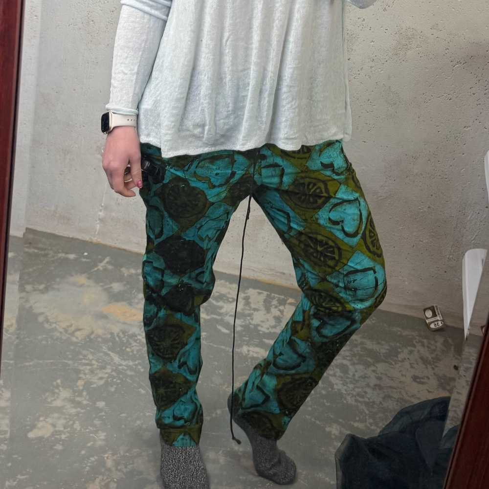 Handmade Casual Relaxed Teal and Black Abstract Print Drawstring Pants Boho - Picture 7 of 8